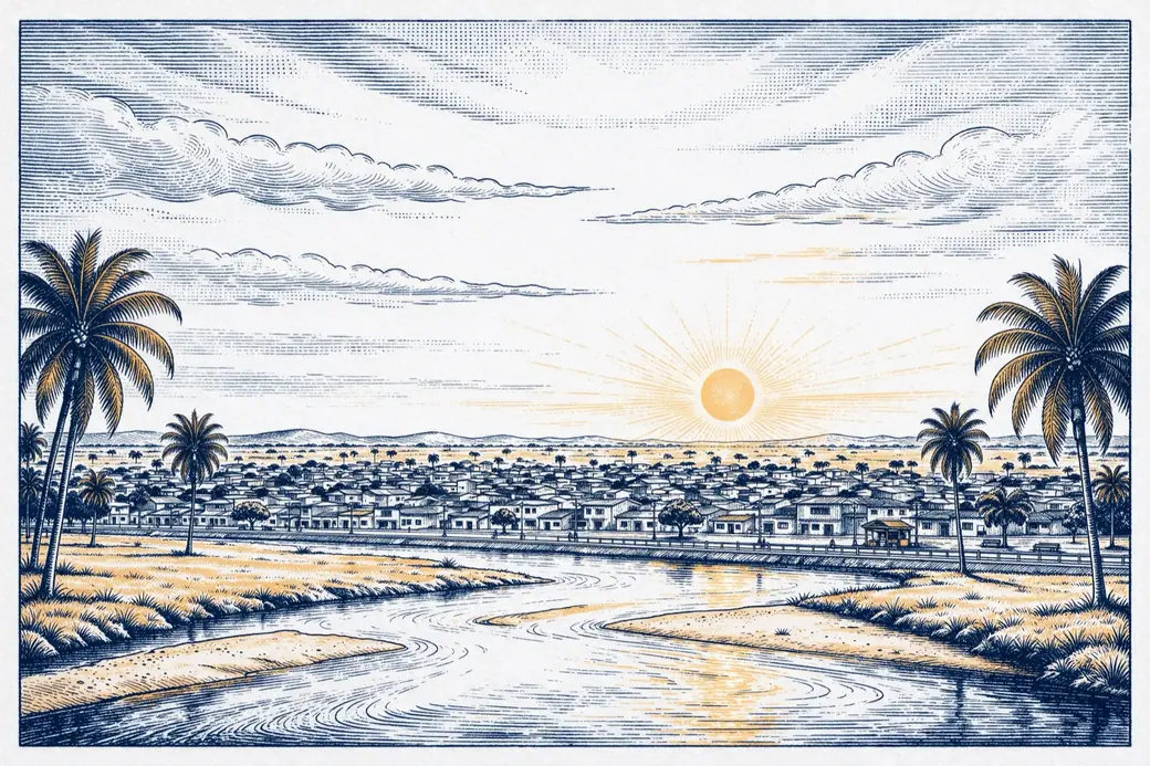 Engraving of Boa Vista, the capital on the savanna, with the Branco River