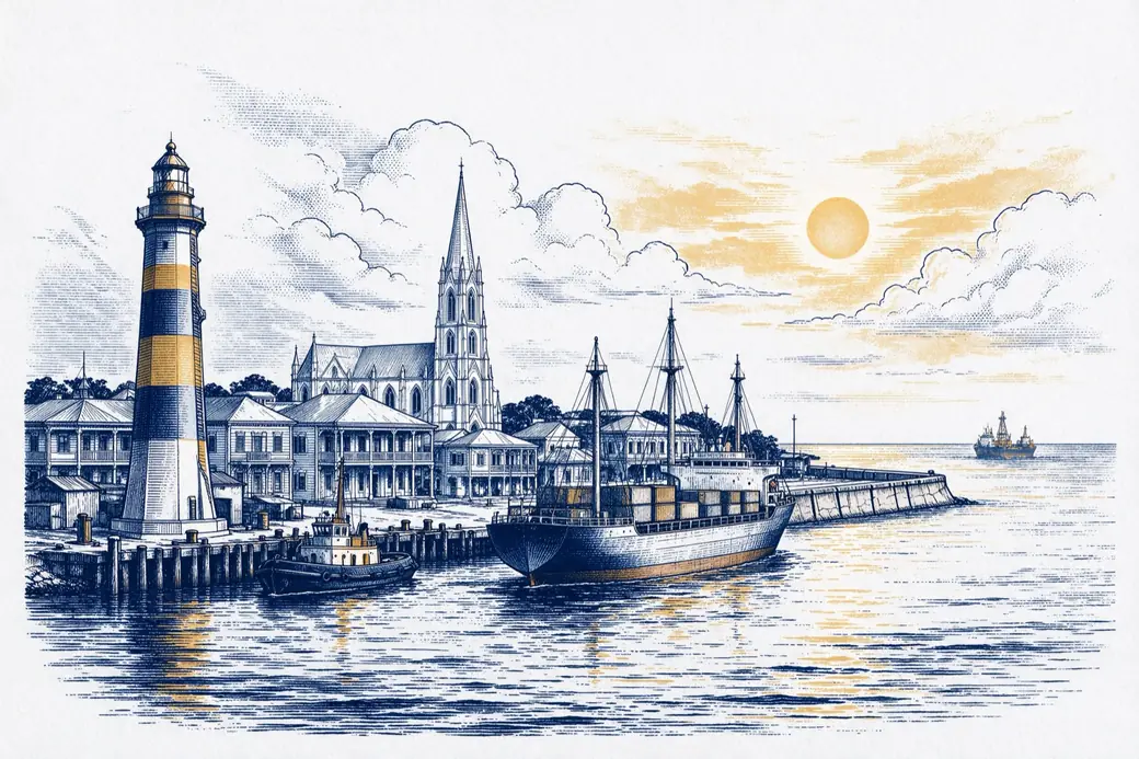 Engraving of the port of Georgetown, with the lighthouse and the Atlantic