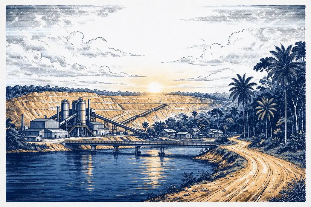 Engraving of Linden, in Guyana, with the mine, the bridge and the river